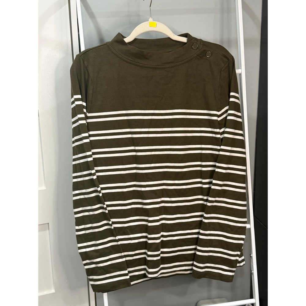 Talbots Olive Green White Striped Mock Neck Button Shoulder Cotton Top L Preppy